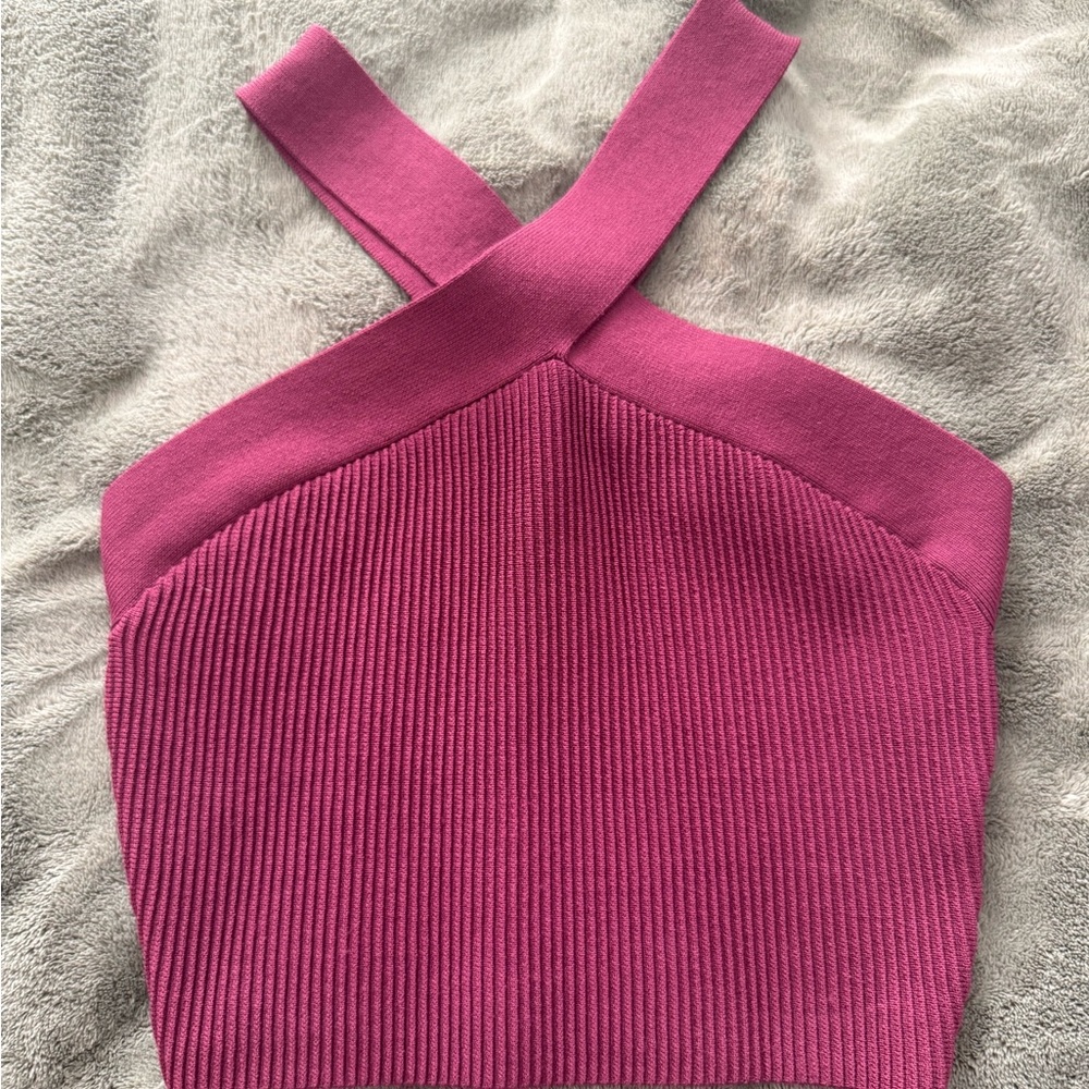 Babaton Fuchsia Ribbed Cross-Strap Crop Top